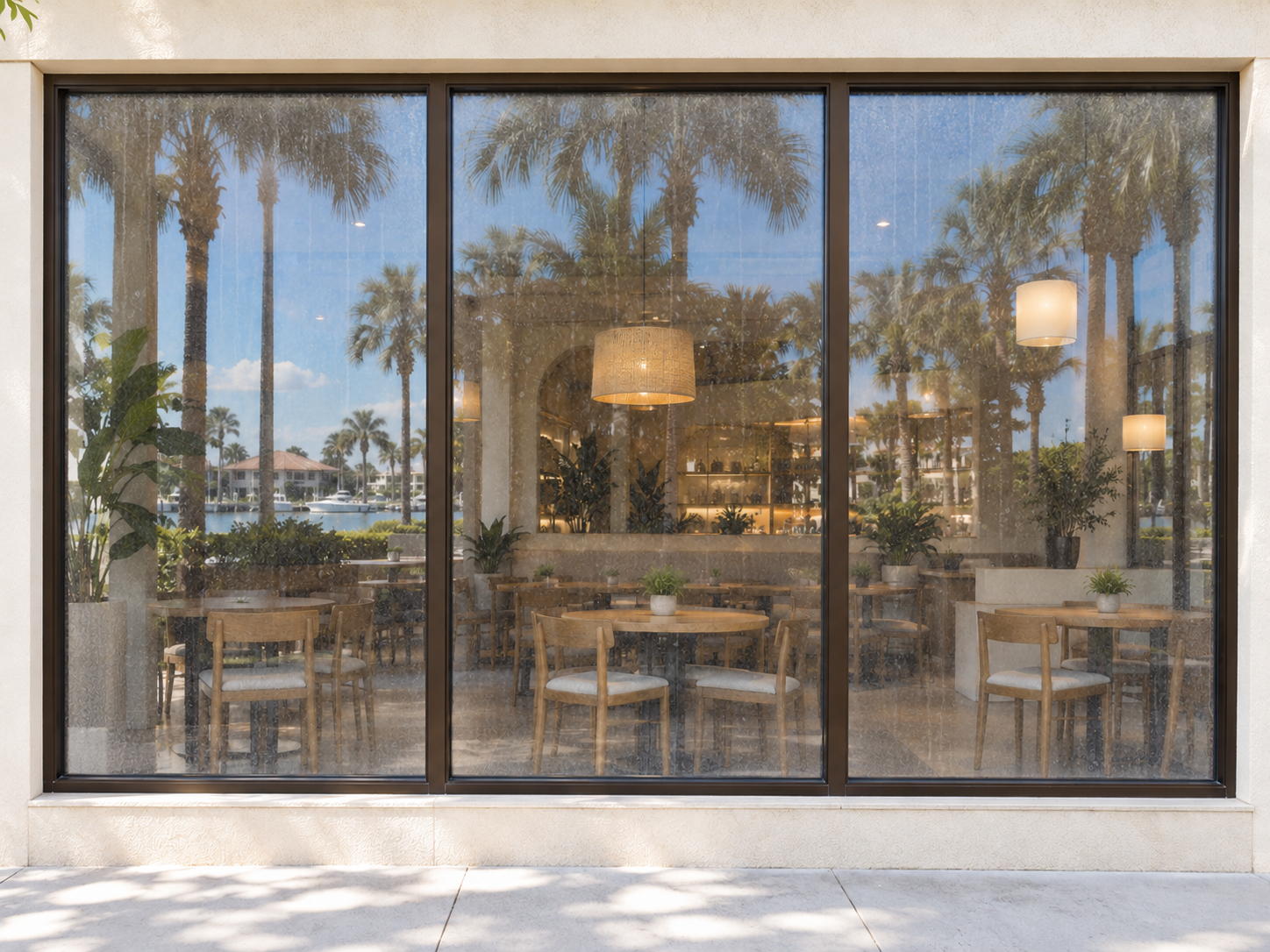 The same storefront with salt spray and dirt on the glass